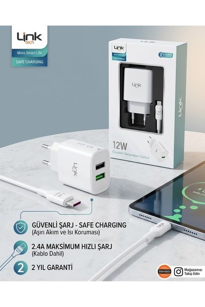 Link Linktech 12W 2.4A Hızlı Şarj Cihazı ve Şarj Kablosu Seti - Akıllı Isı Ko...