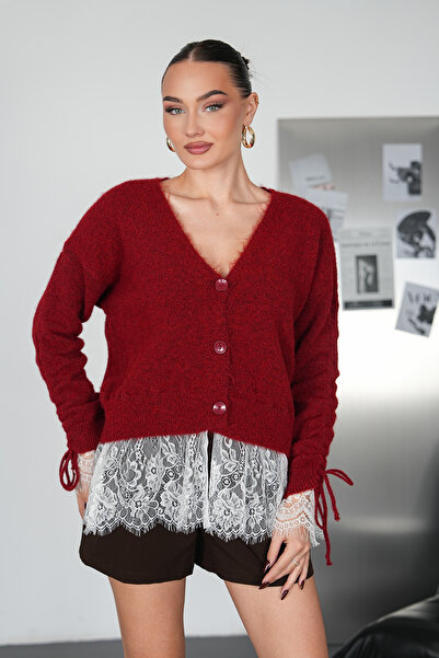 Moda Palmiss Cardigan de damă cu dantelă, cu decolteu în V și șireturi