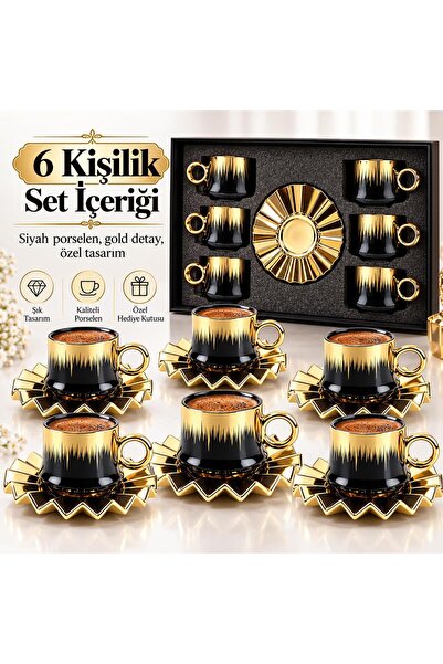 valkyrie 6 Kişilik 12 Parça Türk Kahvesi Fincan Seti 100 ml Siyah Gold Detayl...