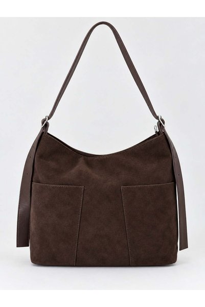 Madamra Brown Suede Women's Hobo Shoulder Bag with Double Front Pockets and A...