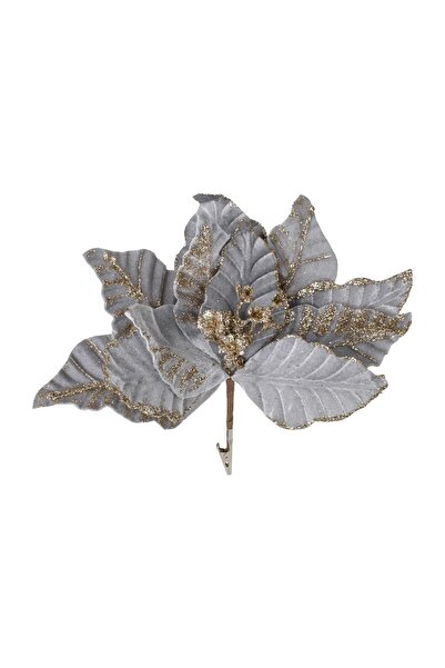 OEM Floare Decorativa de Crăciun Gri cu Glitter Auriu și Clips 27 cm – Atmosf...