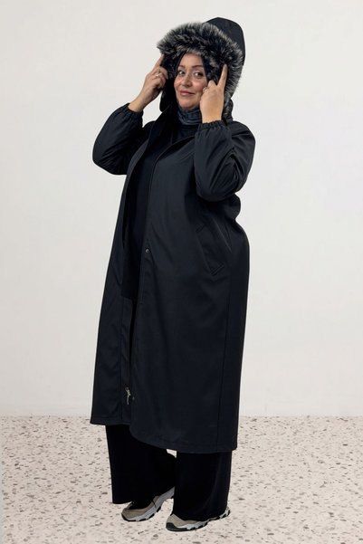 Eslina 63032 Large Size Full Zip Hooded Fur Bondit Cap - Black