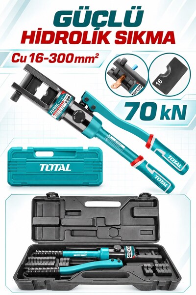 TOTAL Profesyonel Hidrolik Kablo Pabuç Sıkma Pensesi – 70 kN, 16–240 mm², Full Kalıp Takımı Dahil