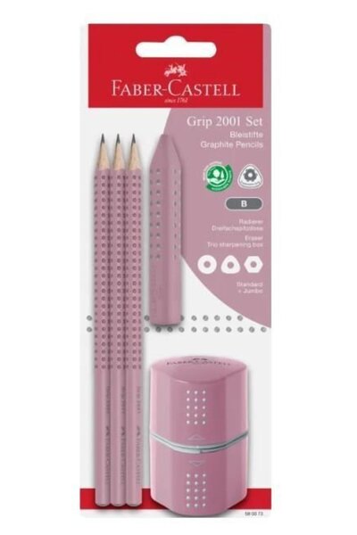 Faber Castell Pencil Grip B Rosé Shadow 3 τεμάχια και Ξύστρα με λαβή και Γόμα...