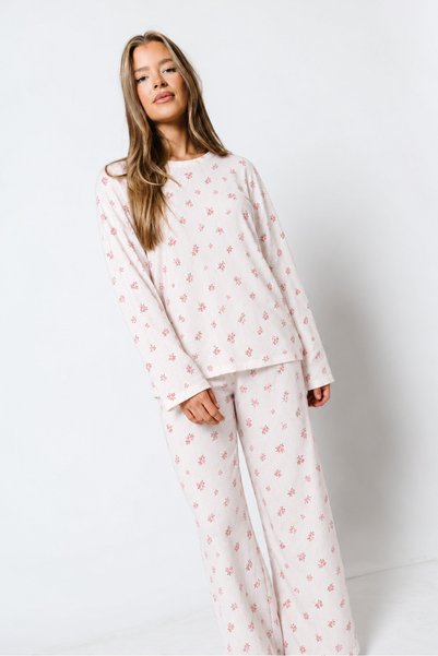 ÖZ PAMUK Women's Long Sleeve Striped Report Fabric Soft Pajama Set – Relaxed Fit Crew Neck Bottom Top Set