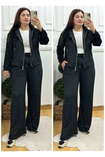 BUTİK MODA PARLAK TAŞ İŞLEMELİ KADİFE İKİLİ TAKIM