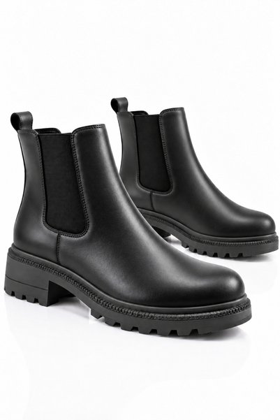 Zemora Shoes Kadın Siyah Su Geçirmez Lastikli Kauçuk Kaymaz Taban Günlük Bot