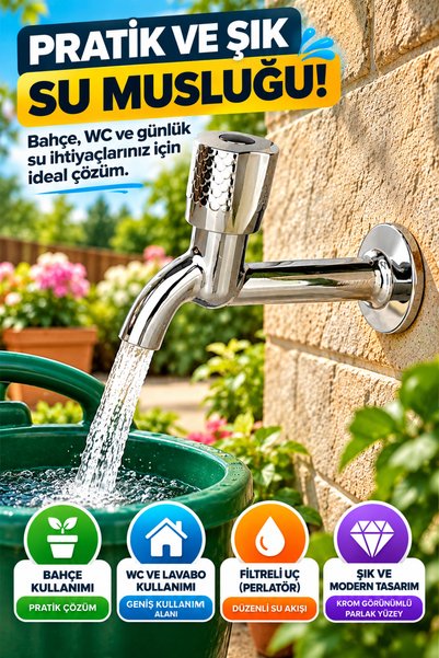 OpenCity Desenli Krom Uzun Musluk Aç Kapa Başlıklı Bahçe WC Lavabo Balkon Teras Duvar Tipi Su Musluğu