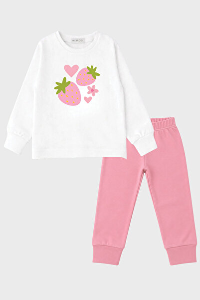 MARKOLL Kız Çocuk Çilek Baskılı Uzun Kollu Pijama Takımı Pembe Alt Beyaz Üst ...