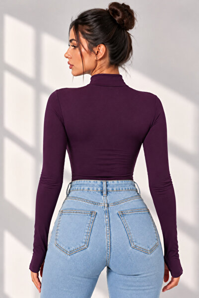 MissKATRE Women's Plum Finger-Hole Half Turtleneck Long Sleeve Slim Fit Bodysuit