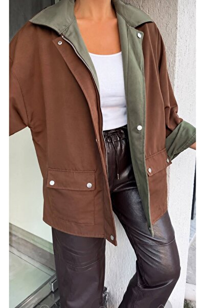 HOPEFUL DESİGN Waterproof Khaki Brown Double Color Zippered Snap Fastener Coat