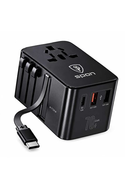 Spoon شاحن سفر جداري عالمي بقوه 70 واط مع منافذ USB و TYPE_C وكابل شاحن مدمج ...