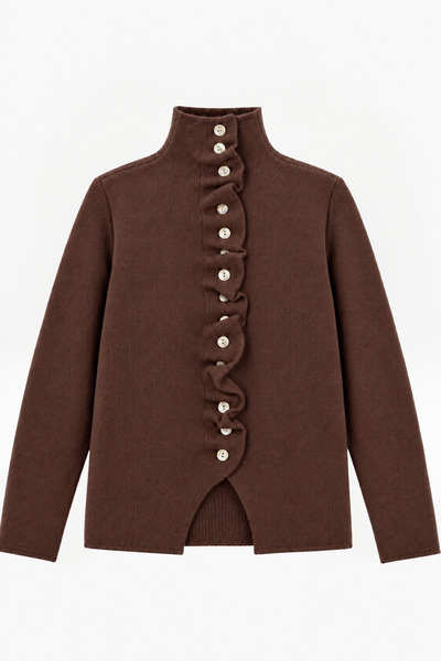 Bipantolon Women's Bitter Brown Stand Collar Ruffle Detailed Buttoned Knitwea...