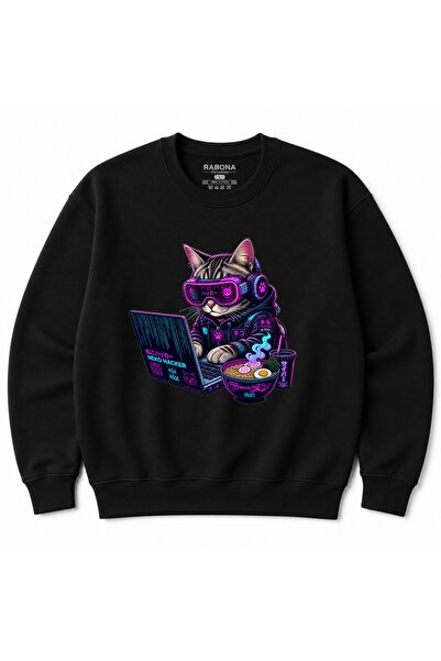 Rabona Fashion Hanorac grafic Neko Hacker Cyberpunk Pisică Neon Anime Japonez