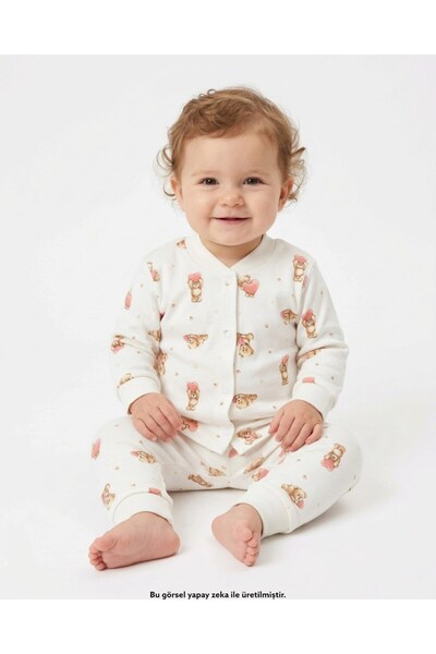 Ege Bebek Baby Girl 6-9-12-18-24 Months Teddy Bear Printed Snap Fastener Seas...