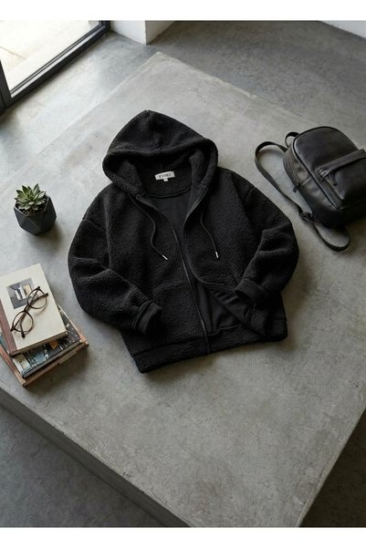 KVİNS Oversize Basic Sherpa Peluş Sweatshirt Ceket Kışlık Tüylü Fermuarlı Hoo...