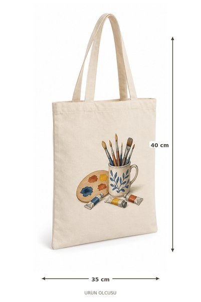TEKSIVA Boya Fırçası Desenli Ham Bez Çanta 35x40 cm Ekru Omuz Çantası