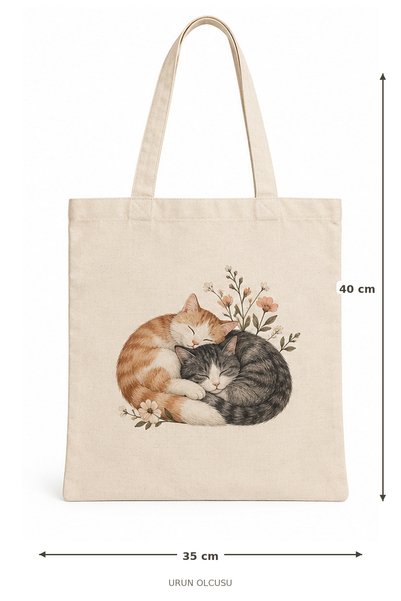 TEKSIVA Sevimli Kediler Desenli Ham Bez Çanta 35x40 cm Ekru Omuz Çantası