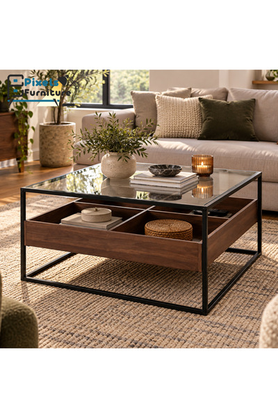PixelsFurniture طاولة رئيسية مربعة بسطح زجاجي شفاف ورف خشبي مقسّم من بكسل الأ...
