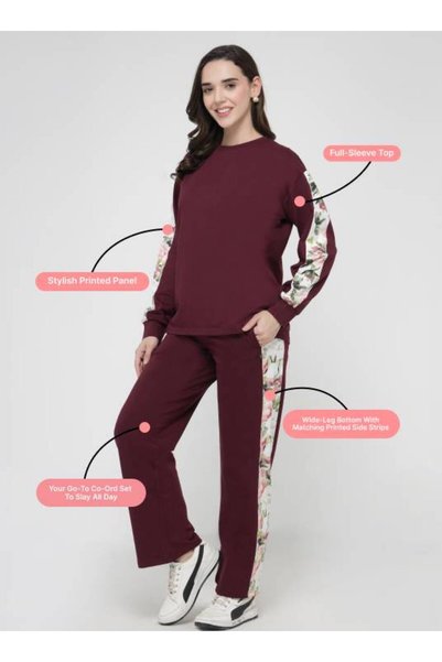 ParisBeauty Long-Sleeved Top with Wide-Leg Pants Set - Wine - L