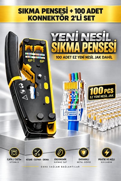 MVLH Yeni Nesil Ez Pense RJ45 Sıkma, Cat5/Cat6/Cat7, Rj11 RJ12 8P8C6P Pense Kesici + 100 Adet Cat6 Yeni Nesil Delikli Jak Konnektörü / 2'Li Set