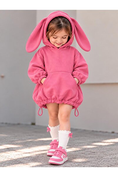 AYKİDSCLUP Girl's Rabbit Ears Hooded Kangaroo Pocket Balloon Dress and Bow Socks Set 1010-P