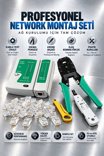 MVLH 5'In 1 Set / RJ45 RJ11 Rj9 Sıkma Pensesi Cat5 Cat6 Çakma / Test Cihazı / Krone Bıçağı / 100 Adet RJ45 Konnektör / Kablo Soyucu