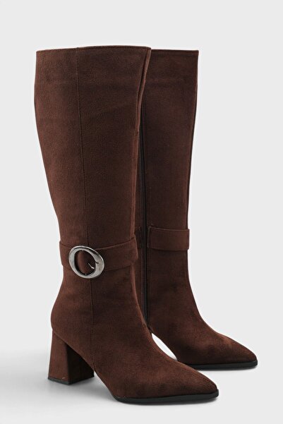 MODAADAM Women's Kosta Short Heeled Buckle Boots - Brown-Suede