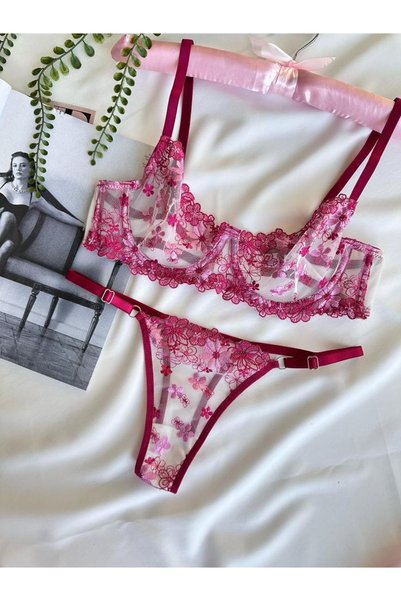 Elanore LİNGERİE Rosé Temptation Nakışlı Tül Sütyen ve Külot Takımı Pembe