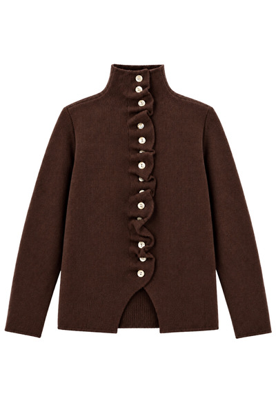 Yefrastore Women's Bitter Brown Stand Collar Ruffle Detailed Buttoned Knitwea...
