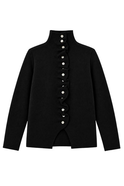 Yefrastore Women's Black Stand Collar Ruffle Detailed Buttoned Knitwear Cardigan