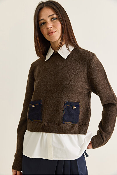 Bianco Lucci Women's Shirt Garnished Denim Pocket Detailed Crew Neck Knitwear...