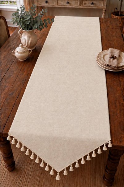 Luxoras Home Cream Vintage Cotton Linen Triangle Tassel Runner 50X200 Premium...