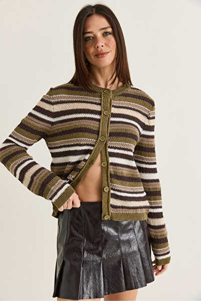 Bianco Lucci Women's Striped Crew Neck Buttoned Knitwear Cardigan Th261097 60...