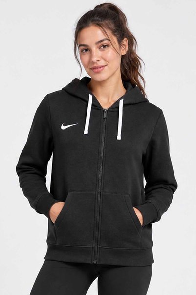 Nike Kadın Siyah Kapüşonlu Fermuarlı Sweatshirt Beyaz Bağcıklı Cepli Hoodie