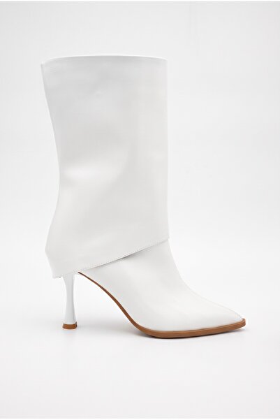 Redoxy Women's Pointed Toe Zippered Thin High Heeled White Boots with Removab...