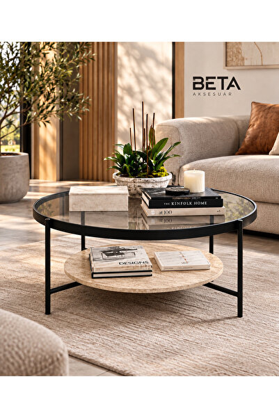 Beta Aksesuar Oslo Modern Orta Sehpa – Traverten Desenli Alt Raflı, Metal Aya...