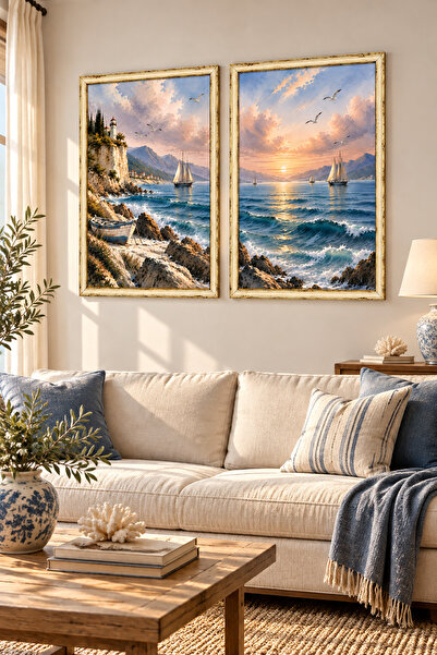 ARTI HOME Set de 2 tablouri din lemn cu vedere la mare – Tablou decorativ de ...