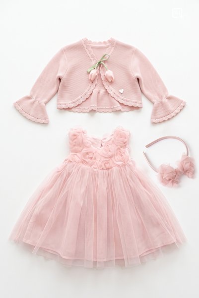 ALYRA Baby Girl Child 3-Piece Rose Tulle Dress with Knitwear Cardigan and Crown Birthday Special Day Eid Wedding Evening Dress Set 1-4 Years