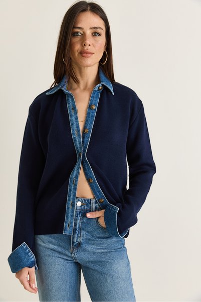 Bianco Lucci Kadın Lacivert Denim Garnili Gömlek Yaka Düğmeli Triko Hırka TH261080 60286682