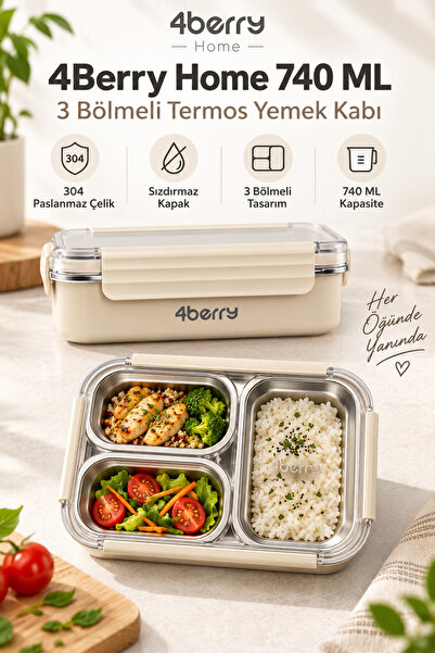 4 Berry 4Berry Home 740 ML 3 Bölmeli Paslanmaz Çelik Termos Yemek Kabı