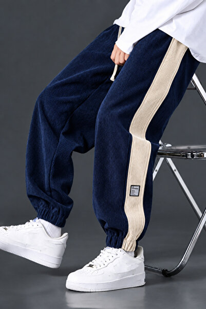 GENIUS STORE Men's Side-Trimmed Corduroy Trousers with Elastic Waist and Ankl...