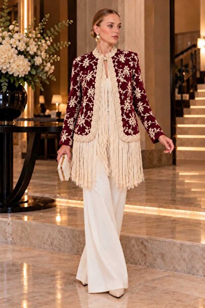 Budan Export Women's Black Floral Embroidered Loose Fit Jacket with Judge Col...