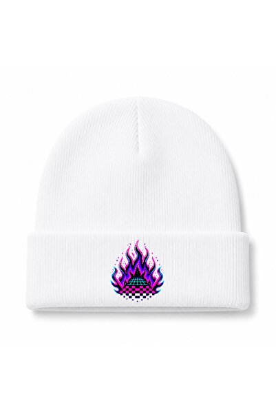 Rabona Fashion Căciulă grafică Neon Inferno cu flăcări retro pixel și grilă c...