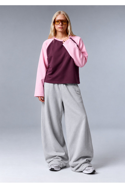 olvera Kadın Bisiklet Yaka İki Renkli Oversize Uzun Kollu Sweatshirt Pembe Bordo