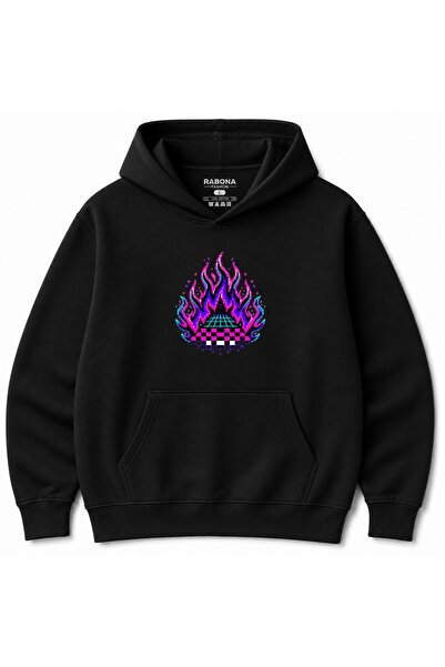 Rabona Fashion Neon Inferno Retro Pixel Flames & Cyber Grid Graphic Hoodie