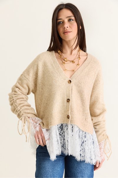 Bianco Lucci Women's V-Neck Buttoned Flywheel Lace Detailed Sleeves Gathered ...