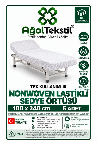 ağol tekstil Tek Kullanımlık Büyük Boy Lastikli Sedye Örtüsü 100x240 cm | Non...