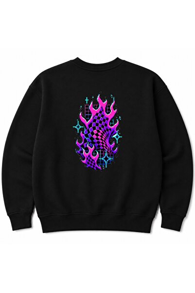 Rabona Fashion Hanorac Grafic Neon Inferno cu Flăcări Pixel Retro și Grilă Cyber