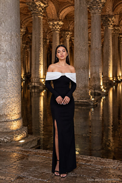 moda wanilia Γυναικείο μακρυμάνικο φόρεμα με ντραπέ λαιμόκοψη, πέτρινη πόρπη ...